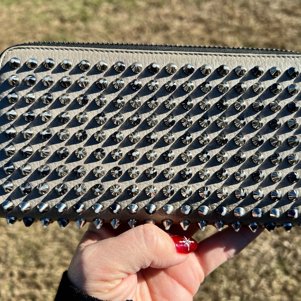 Authentic Christian Louboutin Gray Leather Spiked Zip-Around Wallet